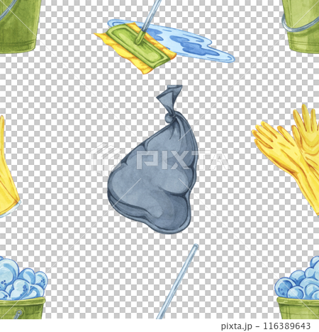 Seamless pattern print filled with mops, garbage bags, and gloves. Watercolor backdrop perfect for custom wallpapers, promotional brochures for cleaning companies, and fabric prints for home decor 116389643