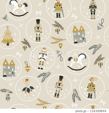 Seamless Christmas Pattern with Nutcrackers ballerina in Vector on beige. New year illustration. 116389644