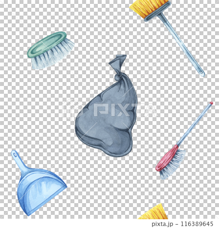 Black garbage bags, brooms, and dustpans watercolor seamless pattern. Background Clipart for use in waste management company branding, educational posters, and custom packaging designs 116389645