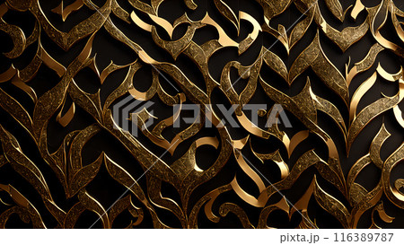 Golden Mosaic: Black marble with gold mosaic patterns. 3d background Golden Mosaic: Black marble with gold mosaic patterns. 3d background 116389787