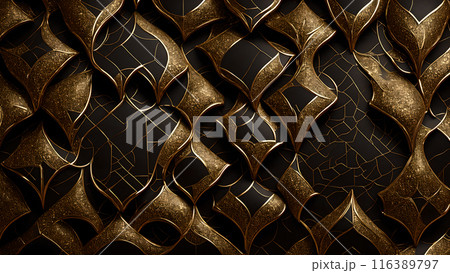 Golden Mosaic: Black marble with gold mosaic patterns. 3d background Golden Mosaic: Black marble with gold mosaic patterns. 3d background 116389797