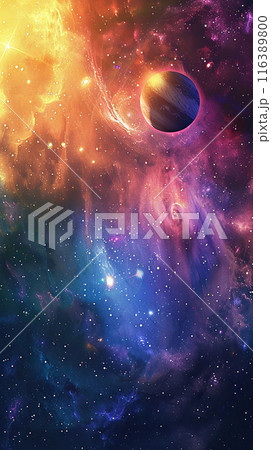 A fantastic phenomenon above the clouds, a surreal cosmic landscape with bright celestial bodies, swirling nebulae and a vibrant sunrise breaking through the clouds 116389800