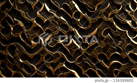 Golden Mosaic: Black marble with gold mosaic patterns. 3d background 116389802