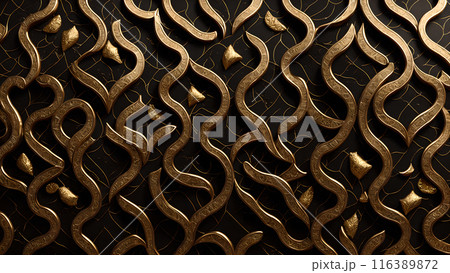 Golden Mosaic: Black marble with gold mosaic patterns. 3d background 116389872