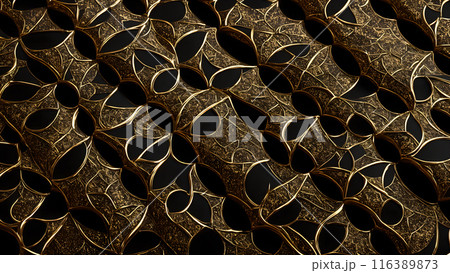 Golden Mosaic: Black marble with gold mosaic patterns. 3d background 116389873