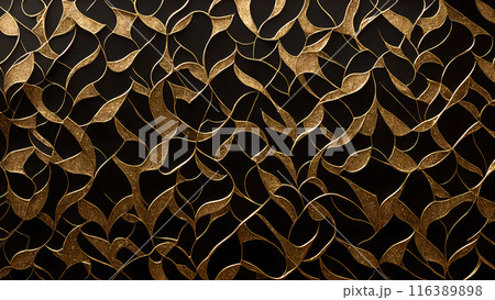 Golden Mosaic: Black marble with gold mosaic patterns. 3d background 116389898