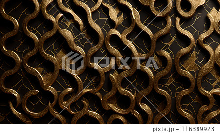 Golden Mosaic: Black marble with gold mosaic patterns. 3d background 116389923