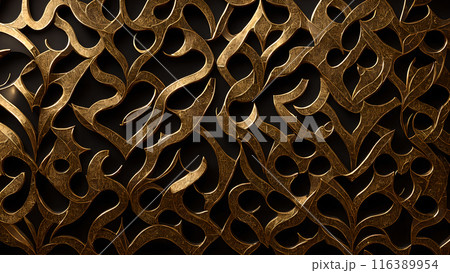 Golden Mosaic: Black marble with gold mosaic patterns. 3d background 116389954