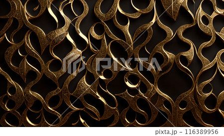 Golden Mosaic: Black marble with gold mosaic patterns. 3d background 116389956