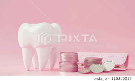 Ceramic model of a human tooth, wallet and stack of coins, pink background copy space. Expensive dental services and professional medical treatment 116390017