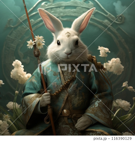 White rabbit in blue robe with staff and flowers on green circular background. 116390129