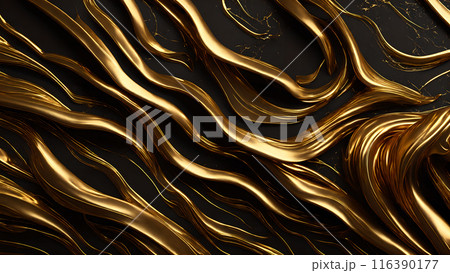 Golden Streaks Bold streaks of gold on a black marble background. 3d background  116390177