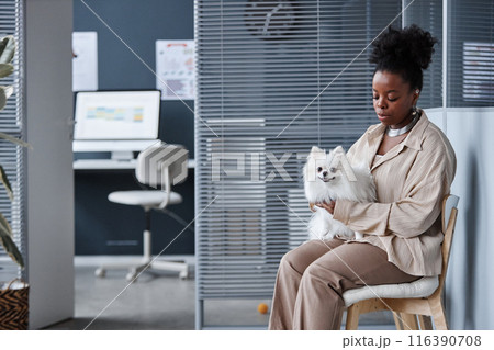 Wide angle shot of curly African American woman with white pomeranian dog on hands sitting in vet clinic waiting area, copy space 116390708