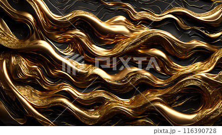 Golden Waves of gold flowing across black marble. 3d background  116390728