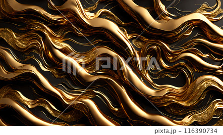 Golden Waves of gold flowing across black marble. 3d background  116390734