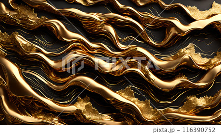 Golden Waves of gold flowing across black marble. 3d background Golden Waves of gold flowing across black marble. 3d background 116390752