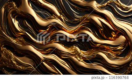 Golden Waves of gold flowing across black marble. 3d background  116390768