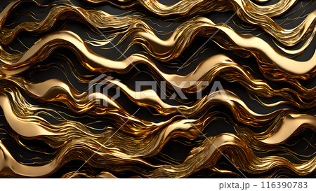 Golden Waves of gold flowing across black marble. 3d background  116390783