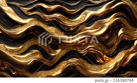 Golden Waves of gold flowing across black marble. 3d background  116390784
