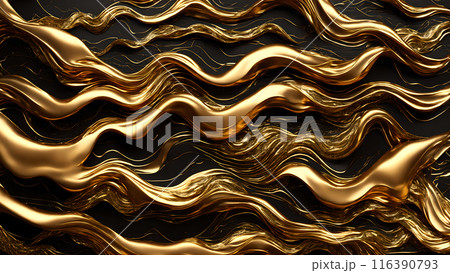 Golden Waves of gold flowing across black marble. 3d background  116390793