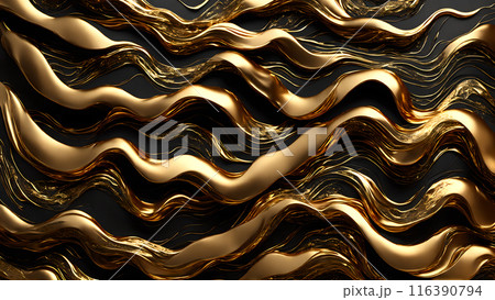 Golden Waves of gold flowing across black marble. 3d background  116390794