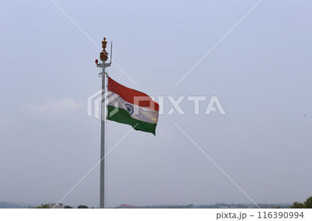 The Indian flag waving proudly at Aguada Fort on Fort Aguada Road in Goa. The Indian flag waving proudly at Aguada Fort on Fort Aguada Road in Goa. 116390994