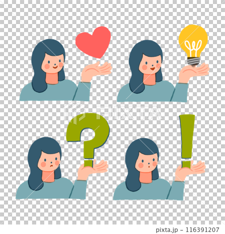 Illustration set of a woman holding various symbols on her palm 116391207