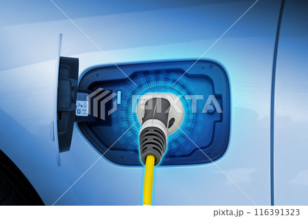 Power cable pump plug in charging power to electric vehicle EV car. 116391323