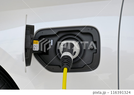 Power cable pump plug in charging power to electric vehicle EV car. 116391324