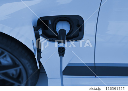 Power cable pump plug in charging power to electric vehicle EV car. 116391325