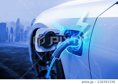 Power cable pump plug in charging power to electric vehicle EV car. Power cable pump plug in charging power to electric vehicle EV car. 116391336