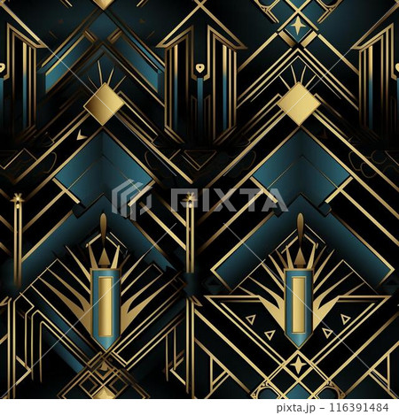 seamless geometric pattern in art deco style. Dark color pattern with gold. Generated ai 116391484