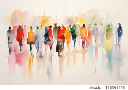 Watercolor illustration: panorama of city street with people walking, Crowd of people. Meeting on the street. Generative ai 116391496