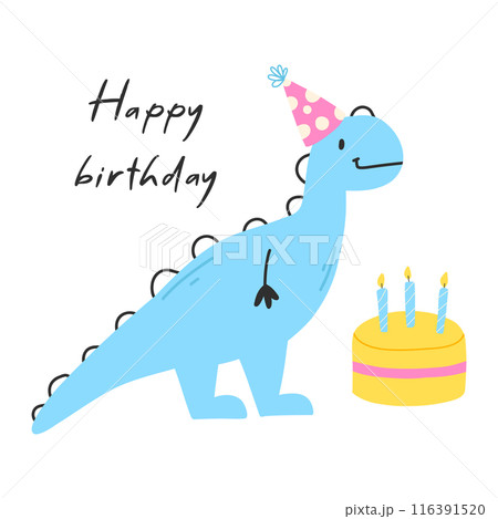 Happy birthday card with dinosaur. Cute illustration with dino and cake. Vector illustration isolated on white background. 116391520