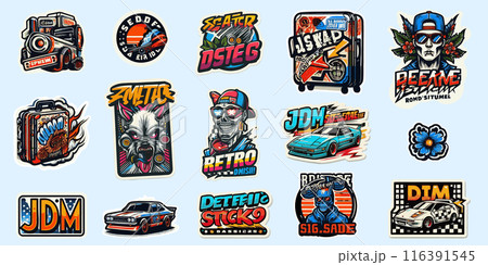 Retro style stickers, graffiti, road stickers. For a suitcase, a skateboard, a car. Separate on a pure white background. 116391545