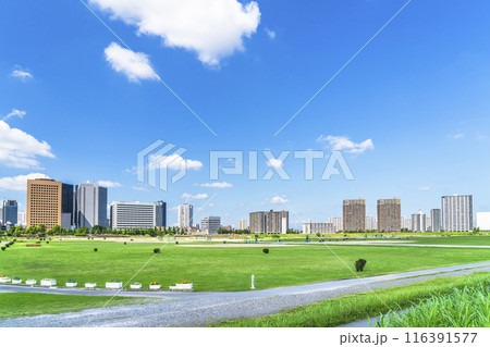 多摩川緑地と川崎駅前のビル群のパノラマ風景【神奈川県・川崎市－東京都・大田区】 116391577