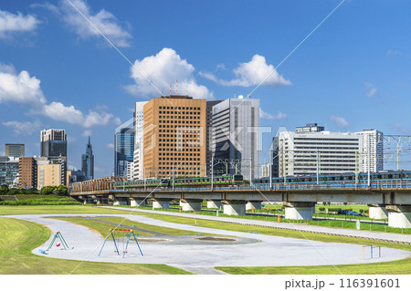 多摩川緑地公園(バイオリン公園)と川崎駅前のビル群の風景【東京都・大田区-神奈川県・川崎市】 多摩川緑地公園(バイオリン公園)と川崎駅前のビル群の風景【東京都・大田区-神奈川県・川崎市】 116391601