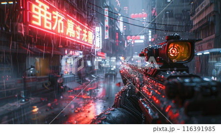 Virtual reality game and violence concept. POV of male hands shooting with air rifle at night VR outdoors 116391985