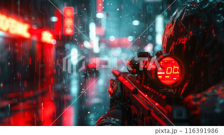 Virtual reality game and violence concept. POV of male hands shooting with air rifle at night VR outdoors 116391986