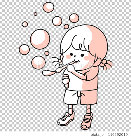 シャボン玉を吹くおさげの女の子 116392019