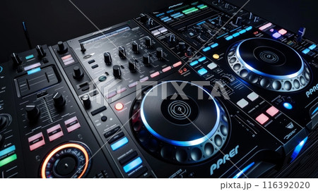 DJ works on the music panel. Music Pult in nightclub. 116392020