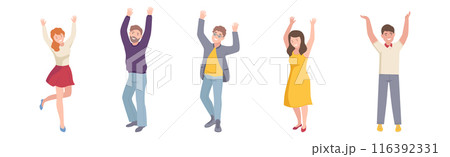Happy People Character Standing with Raised Hands Up Vector Set 116392331