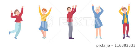 Happy People Character Standing with Raised Hands Up Vector Set Happy People Character Standing with Raised Hands Up Vector Set 116392333