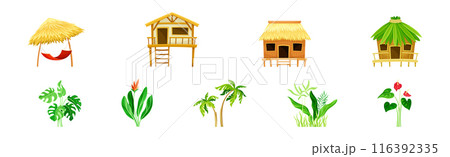 Hut, Hammock and Green Flora as Tropical Landscape Element Vector Set 116392335