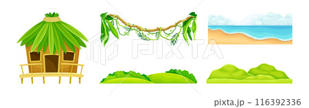Hut, Green Bush and Shore as Tropical Landscape Element Vector Set 116392336
