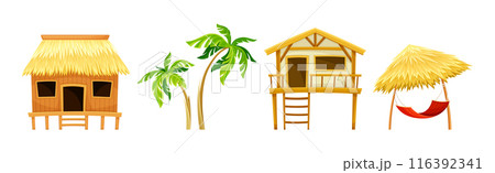 Palm, Hut and Straw Umbrella with Hammock as Tropical Landscape Element Vector Set 116392341
