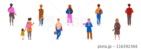 People Characters Standing in Row Back View Vector Illustration Set 116392368