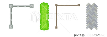 Fence, Pavement and Green Bush Growth as Landscape Design Element Vector Set 116392462