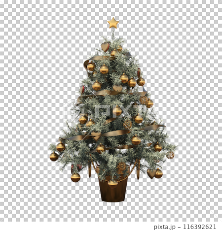 Christmas tree with decorations, isolated on white background, 3D illustration, cg render 116392621