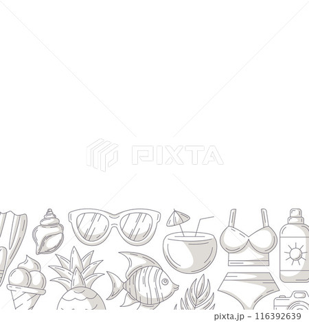 Summer minimalist square card, monochrome gray beach accessories icons. Bottom border frame, space for text, isolated on white. For poster, flyer, banner, invitation, social media, party or sale Summer minimalist square card, monochrome gray beach accessories icons. Bottom border frame, space for text, isolated on white. For poster, flyer, banner, invitation, social media, party or sale 116392639